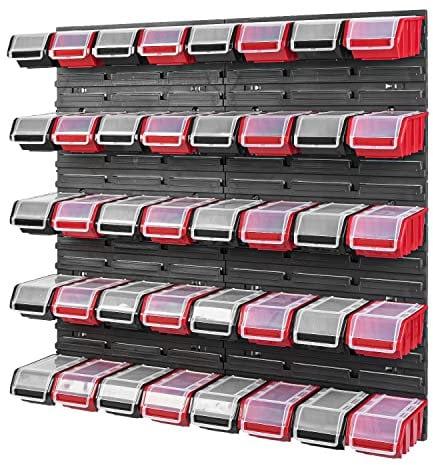 PAFEN Stapelbox Wandregal - 772 x 780 mm - Lagersystem 40 Stück Boxen mit Deckel - Lagerregal Sichtlagerkästen Schüttenregal, Schwarz/Rot