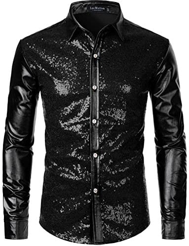 LucMatton Langärmelige Knopfleistenhemden für Herren, glänzende Metallic-Pailletten, 70er-Disco-Stil, für Halloween, Cosplay, Club, Rock-, Hip-Hop-Party, Schwarz, M, metallisch, Mittel