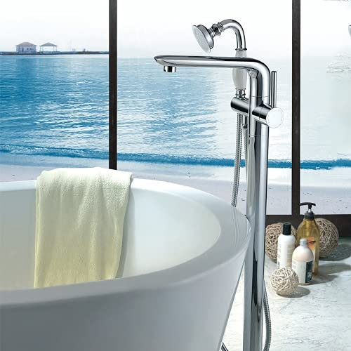 ERNP Badewannen-Mischbatterie, Chrom, Bodenmontage, Badewannenarmatur, freistehender Badewannenhahn, Badewannenarmatur, mit Handbrause und Sockel, Einzelschalter, Bodeninstallation (Runddusche)
