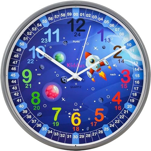 Kiddus Kinder Wanduhr, Jungen und Mädchen, Analoger Lernuhr mit Zeitlernübungen, Kinderwanduhr Ohne Ticken, Kinderzimmer Lautlose, Schule, Uhrzeiger Deutsch