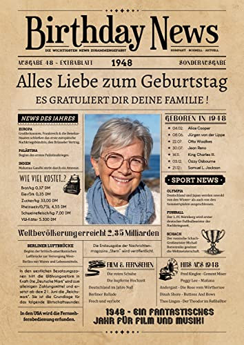 PRINTALA Geburtstagszeitung - personalisiert mit Deinem Text & Foto | Jahrgang nach Wahl | Posterdruck (1948)