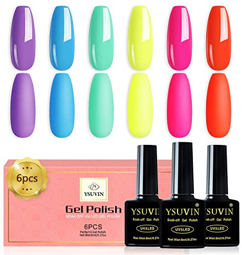 YSUVIN Smalto Semipermanente Neon, 6 Colori Serie Candy Arancio Fluo Ciano Blu Viola Semipermanente Unghie Kit, Smalto Per Unghie Soak Off UV/LED Lampada Diy Manicure Nail Art Set, 8ml