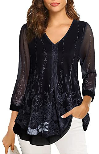 Gaharu Damen Bluse 3/4 Arm Elegant Lang Tunika Schicke Blusen Damen Elegant Langarm Damenblusen mit V-Ausschnitt Damenbekleidung Oberteile Festlich Blusen Damen Elegant Festlich Stylisch