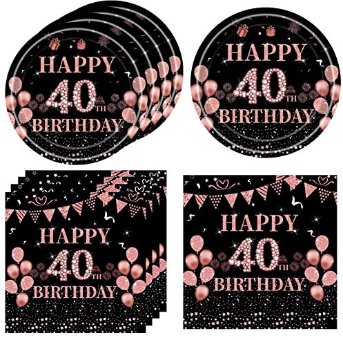 KHAIVI 40 Pcs 40th Birthday Decorations for Women - Rose Gold Pink Birthday Supplies - Vintage 1985 Aged Paper Plates & Napkins - Disposable Party Tableware for Gifts & Parties