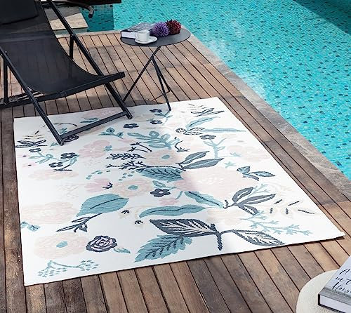 Livabliss Florence Indoor Outdoor Rug - Large Boho Rugs for Living Room 156x207 cm Dining, Kitchen Carpet, Patterned Neutral and Coloured Rugs, Waterproof, Stain Durable - Ivory, Pink, Blue