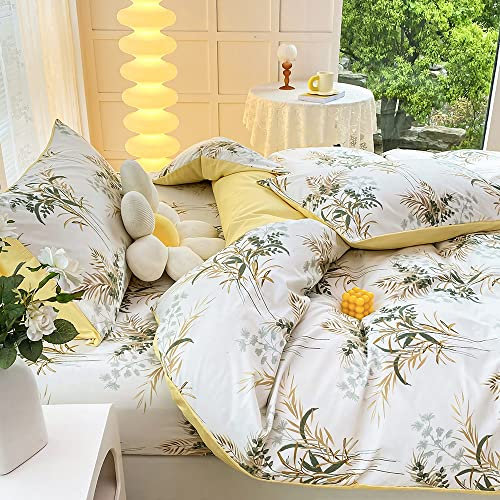Gezu Bettwäsche 155x220cm 3-Teilig Beige Creme Gelb Blätter Blumen Muster Pflanzen Landhausstil Bügelfrei Wende Bettbezug Set und Kissenbezug 80x80cm mit Reißverschluss