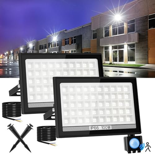 T-SUNUS LED Strahler mit Bewegungsmelder Außen, 100W Superhell Außenstrahler mit Bewegungsmelder 11000LM Scheinwerfer mit Bewegungsmelder LED Fluter IP66 Wasserdicht Kaltweiß für Lager Garten Garage