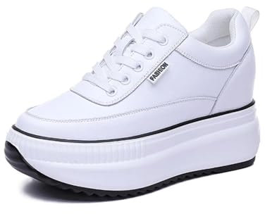 JAOOUU Zapatillas de Cuña Deportivas Mujer Zapatillas de Deporte Moda Plataforma Transpirables Aumento de Estatura Invisible Zapatos Cuña 9CM Blanco 36EU