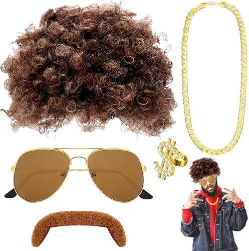 TOPJOWGA 5 Stück Hip Hop Kostüm Set, Hippie Accessoires, Perücke Halskette Ring Brille Schnurrbart, 80er Outfit Herren Kostüm Hiphop, 80er 90er Rapper Zubehör für Fasching & Karneval Cosplay Kostüm