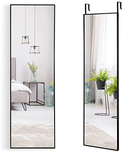 COSTWAY Over the Door Mirror, 120x37cm Full Length Hanging Mirrors with Adjustable Hooks and Aluminum Alloy Frame, Wall Mounted Dressing Mirror for Bathroom, Bedroom and Wardrobe (Black)