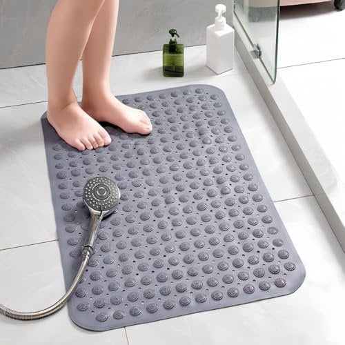 Non Slip Shower Mat, 36x70cm Bathtub Mat, Anti Slip Bath Mat with Suction Cups and Drain Holes, Rubber Bathtub Mat for Bathroom, Hotel, Pet Shower, Grey