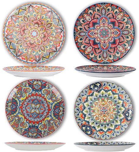 LIBRNTY Assiette colorée ceramique,saladier,21 cm Coloré Assiette Boheme Assiette à dessert,4 Ronde Assiette,Assiettes Plates Porcelaine Multicolore - Grande Plate Ceramique de Table (Couleur B001)