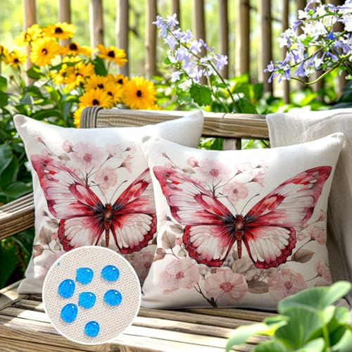 wtisan Kissenbezug 45 x 45 cm Dekorative 2er Set Wasserfest Outdoor Kissen Gartenkissen Wetterfest Atmungsaktiv Rosa Schmetterling Kissenbezug Gartendeko für Draußen Heim Sofa Garten…