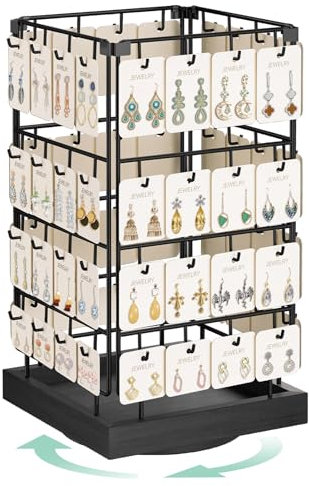 EsLuker.ly Présentoir rotatif pour boucles d'oreilles - Grande capacité - 64 crochets - Base en bois - Pour les ventes de cartes de boucles d'oreilles - Améliore la visibilité au détail
