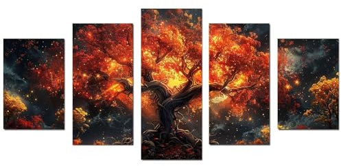 JOSUE 5 pezzi Albero Della Vita Quadri Albero astratto Grande Quadro Su Tela,Arancia Quadri Arredo Per Soggiorno Salotto Ufficio Bar Ristorante-50x100cm Non incorniciato