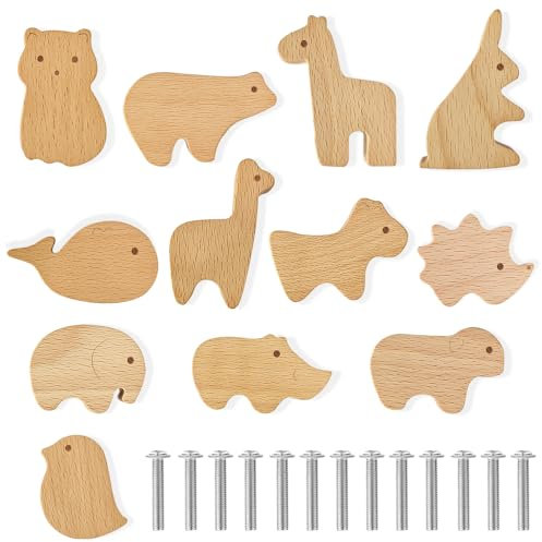 HIQE-FL Tier Holz Schubladengriff,12 Stück Holzknäufe mit Tiermotiven,Holzknöpfe Schrank,Dekorative Holz-Kommodenknöpfe mit Schrauben,Knauf Für Schränke