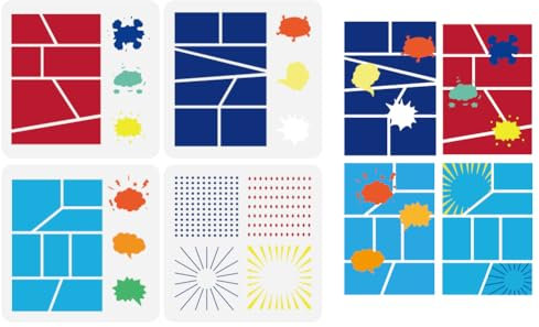 FINGERINSPIRE 4 Stück Comic Rahmen Schablone 15x15 cm Wiederverwendbar Starburst Polka Dot Graffiti Muster Schablone Comic Strip Rahmen Zeichenvorlage Dekor Schablone Zum Malen Auf Scrapbook Papier
