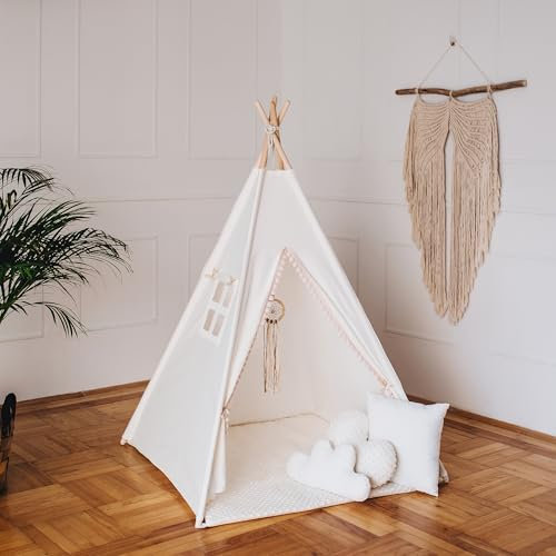 HOMECHIC Kinder Tipi Teepee Spielzelt Wigwam Weiß Creme Boho Pompons Bodenmatte 3 Kissen 110x110x150cm Traumfänger Premium