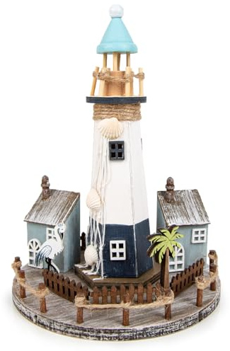 Logbuch-Verlag Leuchtturm mit Strandhaus aus Holz Maritime Meer Deko in blau türkis weiß 16 x 16 x 22 cm
