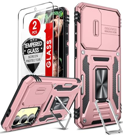 LeYi Coque pour Samsung Galaxy S24 FE 5G Antichoc avec Protection Caméra Coulissante,2*Verre Trempé,Étui de PC Dur et TPU Silicone Militaire Anti-Rayures Coque S24 FE 5G Anneau-Or Rose
