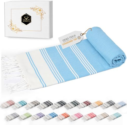 Sandrella Hamamtuch Sauna Damen & Herren groß 100x200 Baumwolle Strandtuch Decke Pestemal Geschenkset | blau
