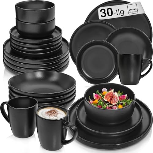 SÄNGER Madeira | Kombiservice 6 Personen, Teller Set matt Kaffeebecher Pastaschalen 30 tlg, Steingut Geschirr Set spülmaschinen- mikrowellen, Geschirrset aus Steingut schwarz | VALUE COLLECTION