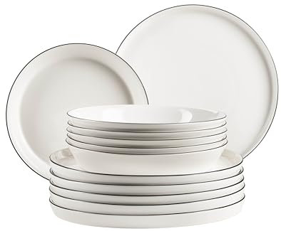 MÄSER, Serie Sita, Teller Set für 6 Personen, Essgeschirr aus weißem Porzellan mit schwarzem Rand, schlicht, elegant, Porzellan, weiß