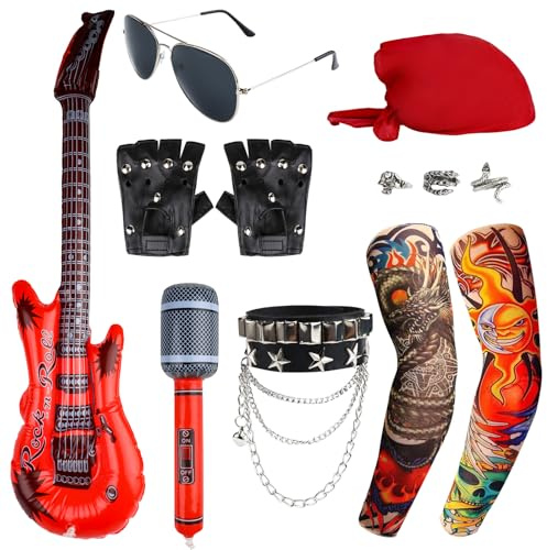11Pcs Rockstar Fancy Dress Set for Kids and Adults with Punk Accessories | Includes Inflatable Guitar Microphone Gloves Glasses Bandana Sleeves Rings and Bracelet for Halloween and 70s 80s Parties