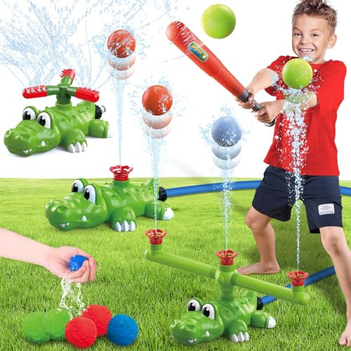 Intoypad 4-in-1 Kinder-Wassersprinkler, T-Ball-Set & Wasserball-Spielzeug, Krokodil-Baseball-Sprinkler für Hinterhof, Outdoor, Sommerspielzeug für Jungen, Mädchen, Outdoor, Hof, Wasserspiel, Spielzeug
