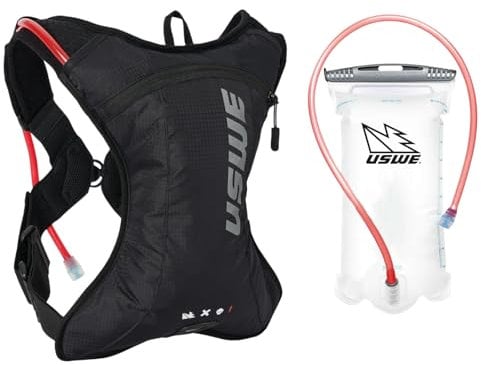 USWE Outlander XC 2L Trinkrucksack, Laufen, Wandern, Trinkrucksack mit Wasserblase (1,5 l, Hydropack für Damen und Herren, Rucksackausrüstung und Ausrüstung für Radfahren, MTB (Schwarz, 2L)