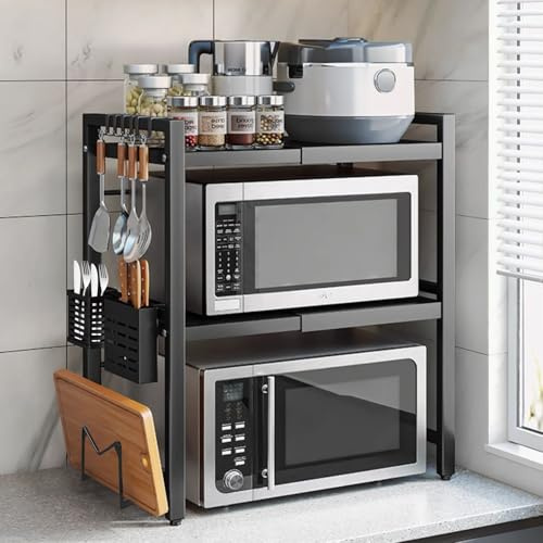 Étagère à Micro-Ondes Réglable, Support de Micro-Ondes de Cuisine à 3 Niveau Extensible, Porte-Micro-Ondes en Acier au Carbone, Organisateur de Rangement de Cuisine avec 6 Crochets, Noir