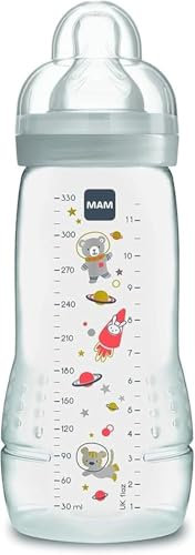 MAM Biberon Easy Active Baby Bottle 330 ml, Biberon MAM per bambini attivi ergonomico e pratico, Accessori neonato 4+ mesi per allattamento con tettarella misura 3 piatta e simmetrica, Neutro
