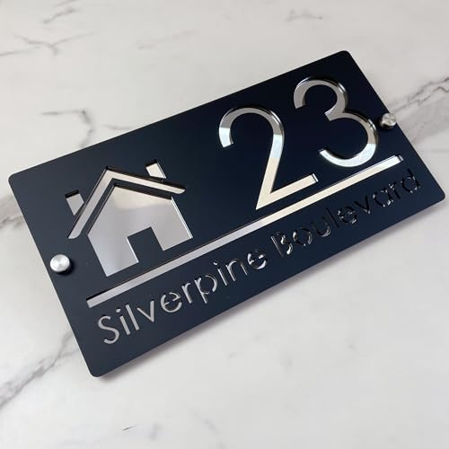 Plaque d'adresse personnalisée - Numéro de maison 3D en acrylique, découpe laser, design moderne avec effet flottant - Panneau extérieur pour maison, hôtel et appartement (Black silver)