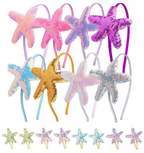 Pack of 8 Starfish Headbands with 8 Pieces Starfish Hair Pins, Mermaid Headbands, Cute Glitter Headwear,Creative Sequin Hair Pins