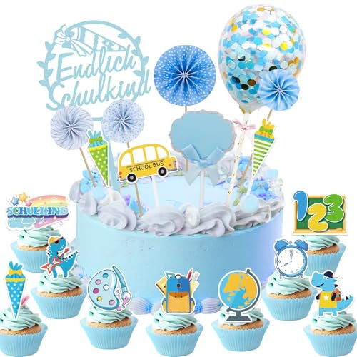 Tortendeko Einschulung Deko 2025 Junge- 19Stk Endlich Schulkind Kuchendeko Dino Schulanfang Cupcake Einschulung Cake Topper Muffin Zuckertüte Kuchen Deko für Schuleinführung Einschulungsfeier Geschenk