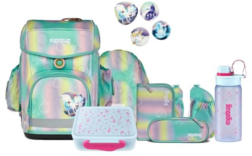 ergobag Cubo Light Schulranzen Set 8tlg. inkl. Lunchset und Seitentaschen (ZauBärwelt Reflex Glow)