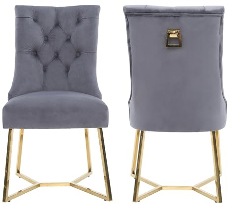 Life Interiors Ambra Modern Velvet Dining Chair – Black Tufted Accent Chair with Gold Legs & Ring Handle - Ideal for Dining Room Living Room Restaurants