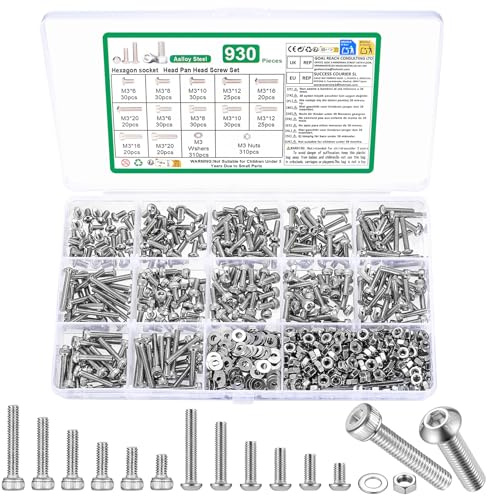 930 Pcs Vis M3 Et Écrous Set,Boulons M4 Et Écrous Set | Argenté Viss Boulon Et Écrou Et Rondelles Set,Pour Moto Auto Mécaniques
