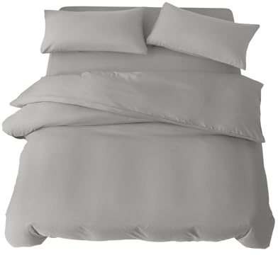 Double Duvet Set 4 Piece Double Bedding Set with Fitted Sheet and Pillowcases Soft Brushed Microfibre Breathable Duvet Cover Sets (Silver)
