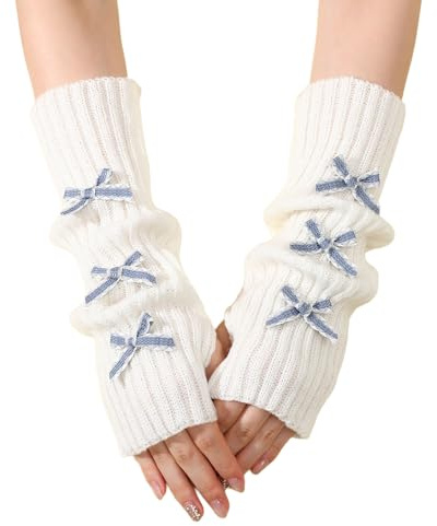 Wambere 2 Paar Winter Warm Fingerlose Handschuhe Armstulpen Strick Lang Pulswärmer Handwärmer Strickhandschuhe Damen-Armwärmer Y2k Handschuhe mit Schleife für Damen und Mädchen,7x30cm,Weiß Blau