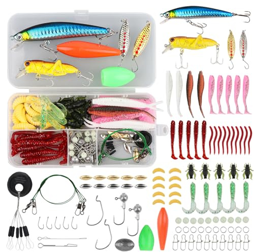 105 PCS Angelköder Angelzubehör Set mit Köderbox - Gemischt Kunstköder Gummifische Jigs ködernadel Spinner Oberflächen Angel Köder Zubehör für Forellen Hecht Barsch Süß- & Salzwasser