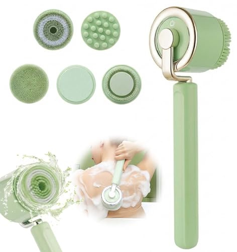 Back Scrubber,Electric Body Brush for Shower Rechargeable Body Brush with Detachable Long Handle and 5 Heads, 3 Speeds Bath Brush for Skin Care, Basic Cleaning and Massage