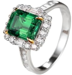 Verlobungsring Gold 375, Verlobungsring Damen Grün Labor-Smaragd 2 Karat Echter Schmuck 9 Karat Weißgold mit Moissanit Größe 45 (14.3)