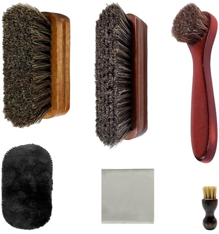 6Pcs Universal Shoes Brush Set, Soft Horsehair Brushes for Suede Leather | Horsehair & Cloth, for Military Boots/Trainers/Sofas/Car Seats, Cleaning/Polishing/Care