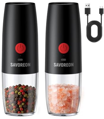 SAVOREON Rechargeable Electric Salt and Pepper Grinder Set, 150ml Capacity | Fast USB Charging, Ceramic Core, One-Handed Automatic Grinding, Adjustable Coarseness, Home & Kitchen Gadgets (Black)