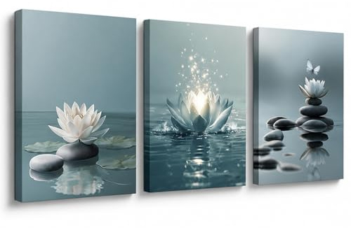 VIZIVOLT 3 Stück Zen Leinwand Bilder Lotus Atem Yoga Spruch, Leinwand Bilder Wanddeko für Meditation Raum, Bilder Wandbild Schlafzimmer, Ruhige Wanddeko Wohnzimmer Wall Art Geschenk
