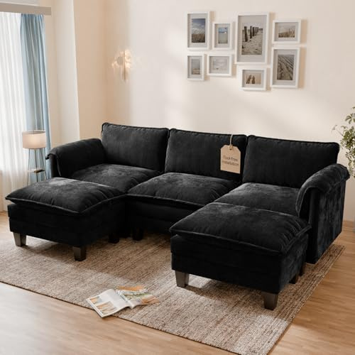 ELUCHANG Modulares Sofa U-Form, 256cm Breit Ecksofa mit 2 Ottomanen, 3 Sitzer Chenille Couch mit 62cm Sitztiefe, Schlafsofa-Funktion, Werkzeuglose Montage, Wohnzimmer, Schwarz