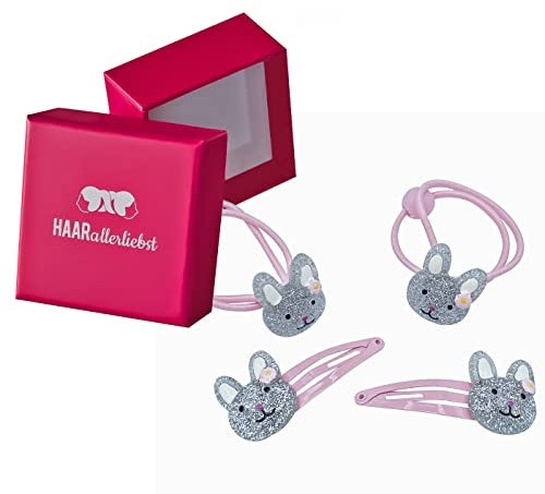 HAARallerliebst Haarschmuck Set (4 teilig | glitzernde Hasen | rosa) für Mädchen inkl. Schachtel zur Aufbewahrung (Schachtelfarbe: pink)