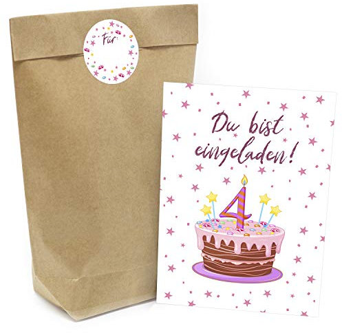 Kindergeburtstag Einladung Set mit je 8 Einladungskarten, Umschlägen, Tüten und Aufkleber - Motiv: Rosa 4. Geburtstag für Mädchen