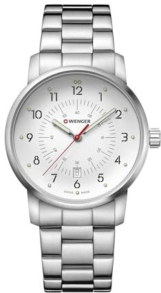 WENGER Herren Armbanduhr Avenue Ø 42 mm, Swiss Made, Analog Quarz, Wasserdicht bis 100 m, Edelstahl-Armband, Weiß/Silber, 01.1641.114